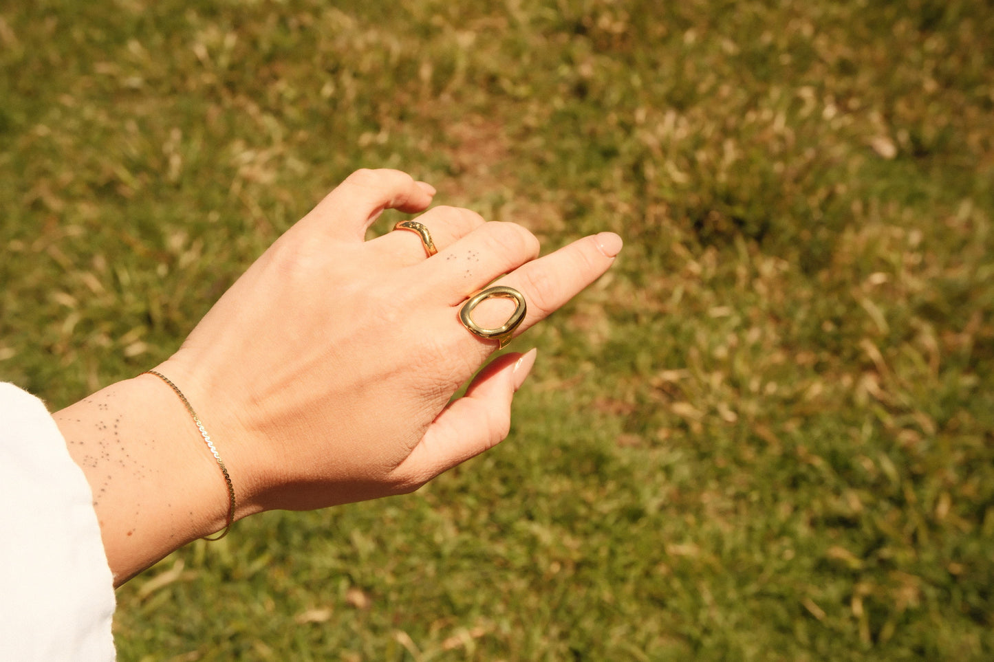 Hand with gold rings on a grassy background