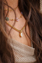 Sol & Aura - ABI Necklace on woman wearing mesh top and long brown hair