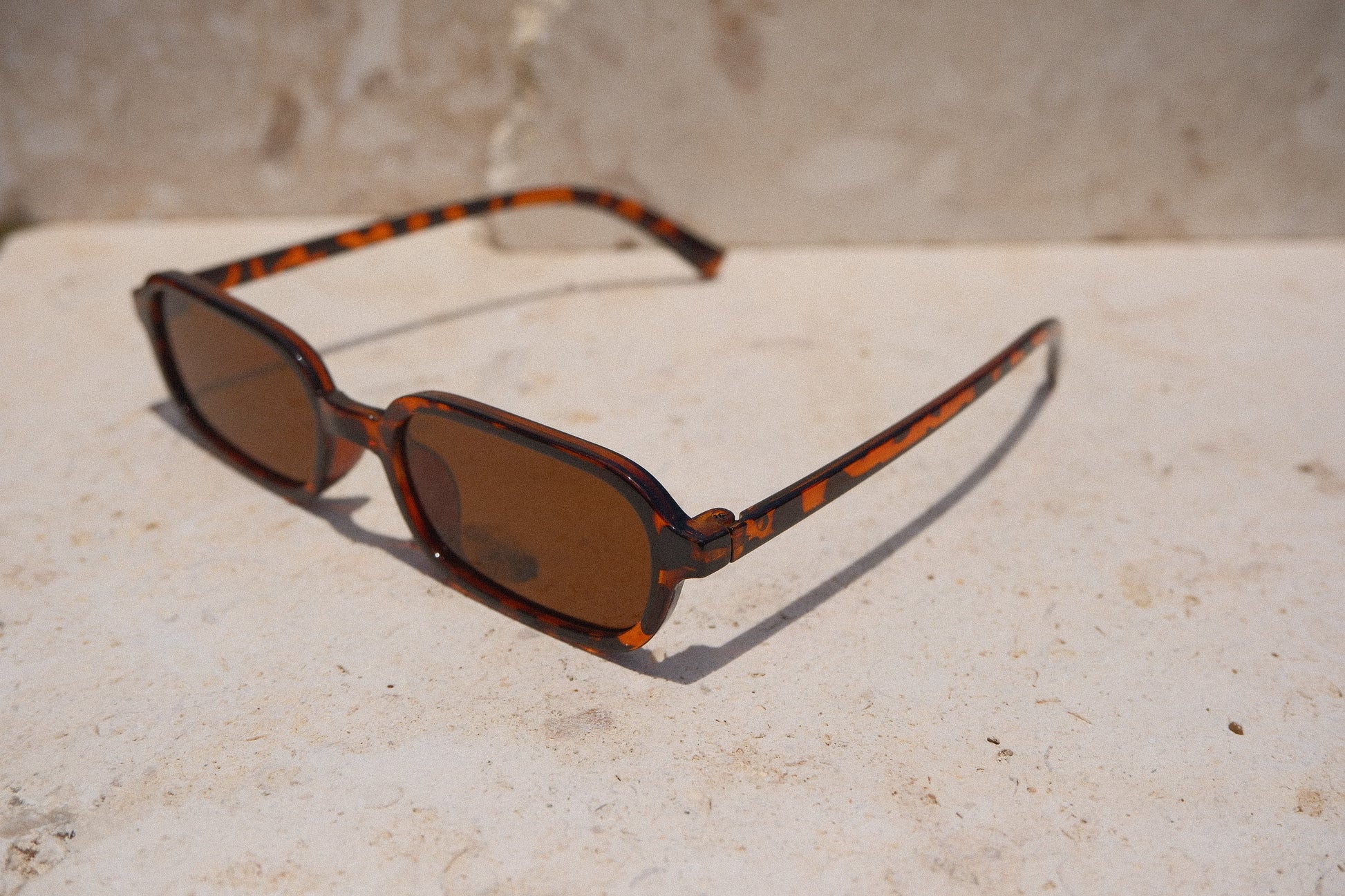 Sol & Aura - Carrie Sunglasses - brown with tortoise shell detailing. Side view on stone surface