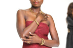 Sol & Aura - close up of woman's arms wearing gold plated waterproof hypoallergenic Sol & Aura jewellery
