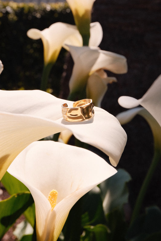 White lilies with a gold ring on a dark background