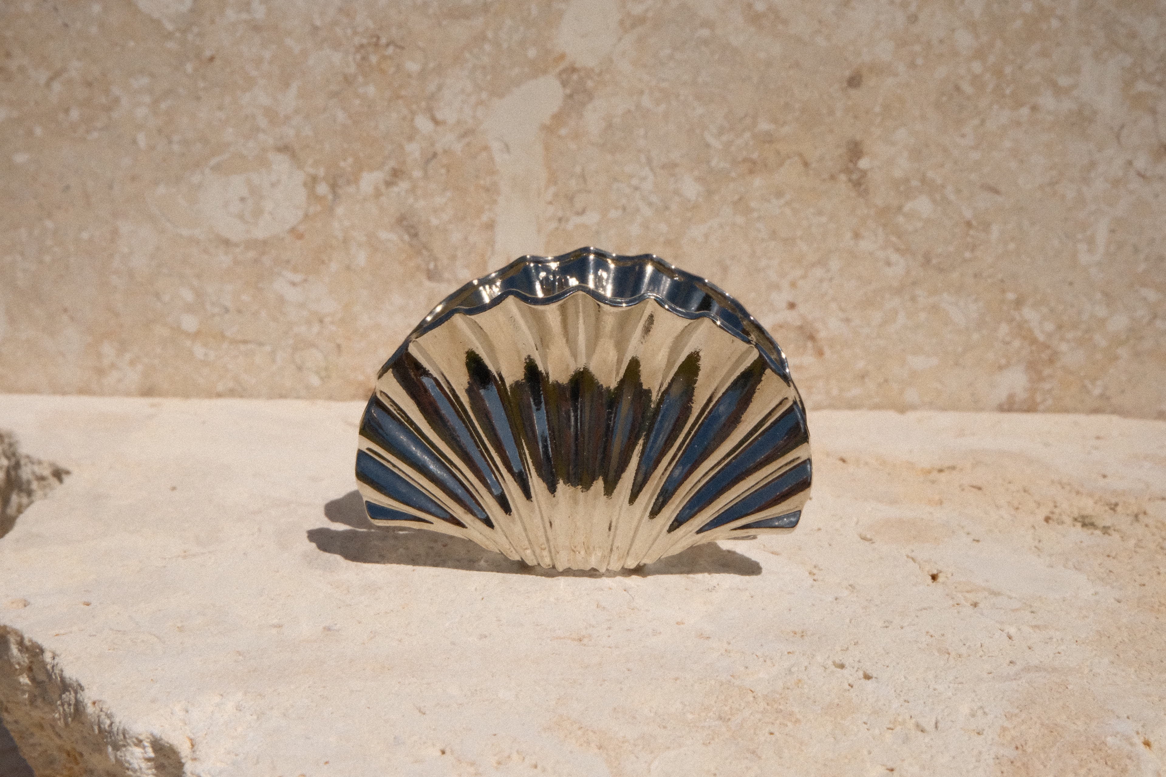 Shell-shaped claw clip on a stone surface with a beige background