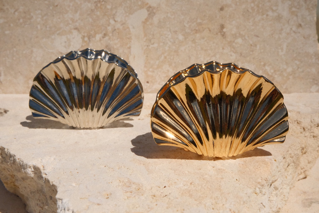 Two shell-shaped claw clips on a stone surface