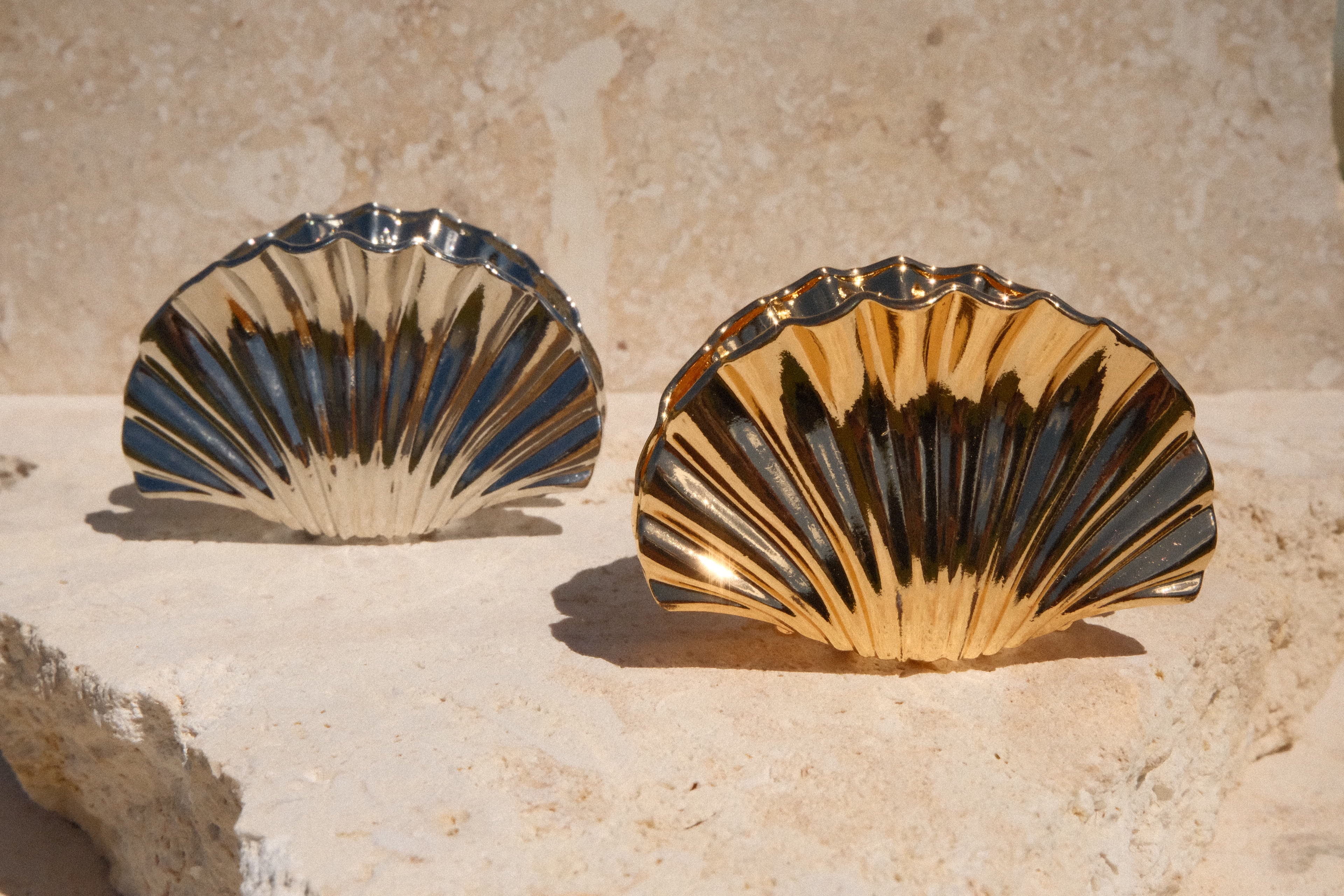 Two shell-shaped claw clips on a stone surface