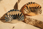 Two shell-shaped claw clips on a textured beige surface